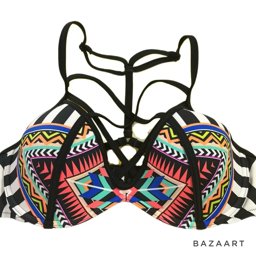 Rare Victoria's Secret Pink Strappy Swimsuit Bikini top Geometric Stripe Aztec S